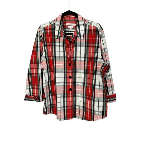 Foxcroft Shaped Fit Red Tartan Plaid Shirt Cuffed Sleeves Size 18 - Picture 1 of 9